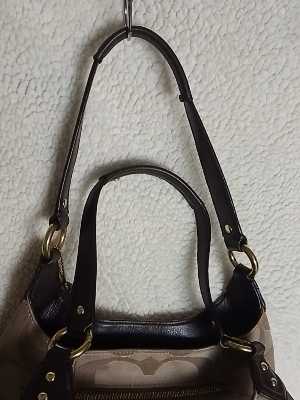 Coach Campbell Signature Logo Canvas Shoulder Bag with Dark Brown Trim